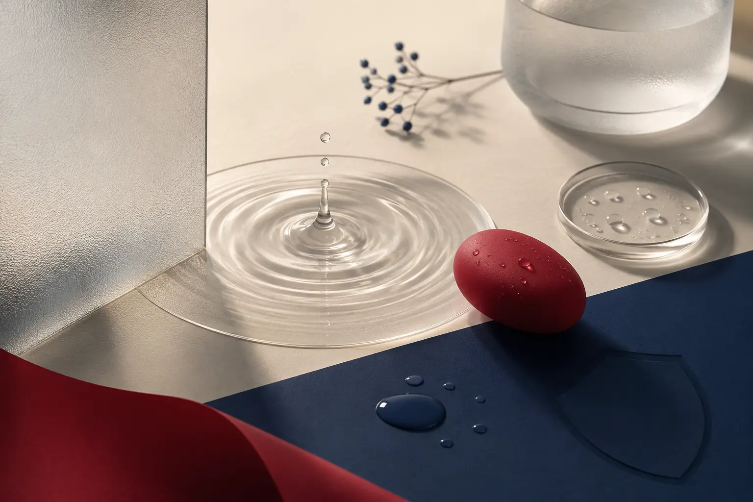 Woda, gładkie materiały i symbol ochrony ilustrujące higienę gadżetów erotycznych