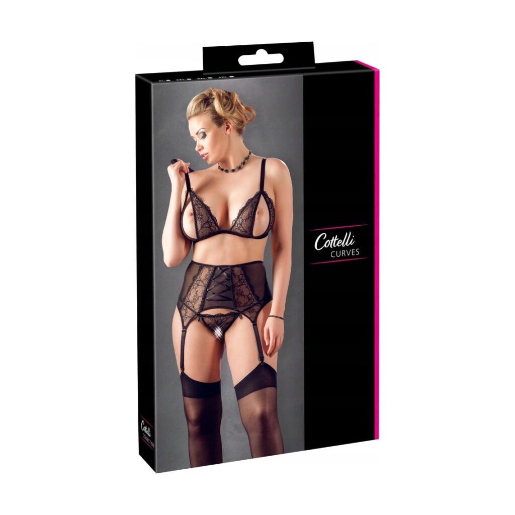 Komplet bielizny Cottelli Curves 3-częściowy koronkowy czarny 2XL