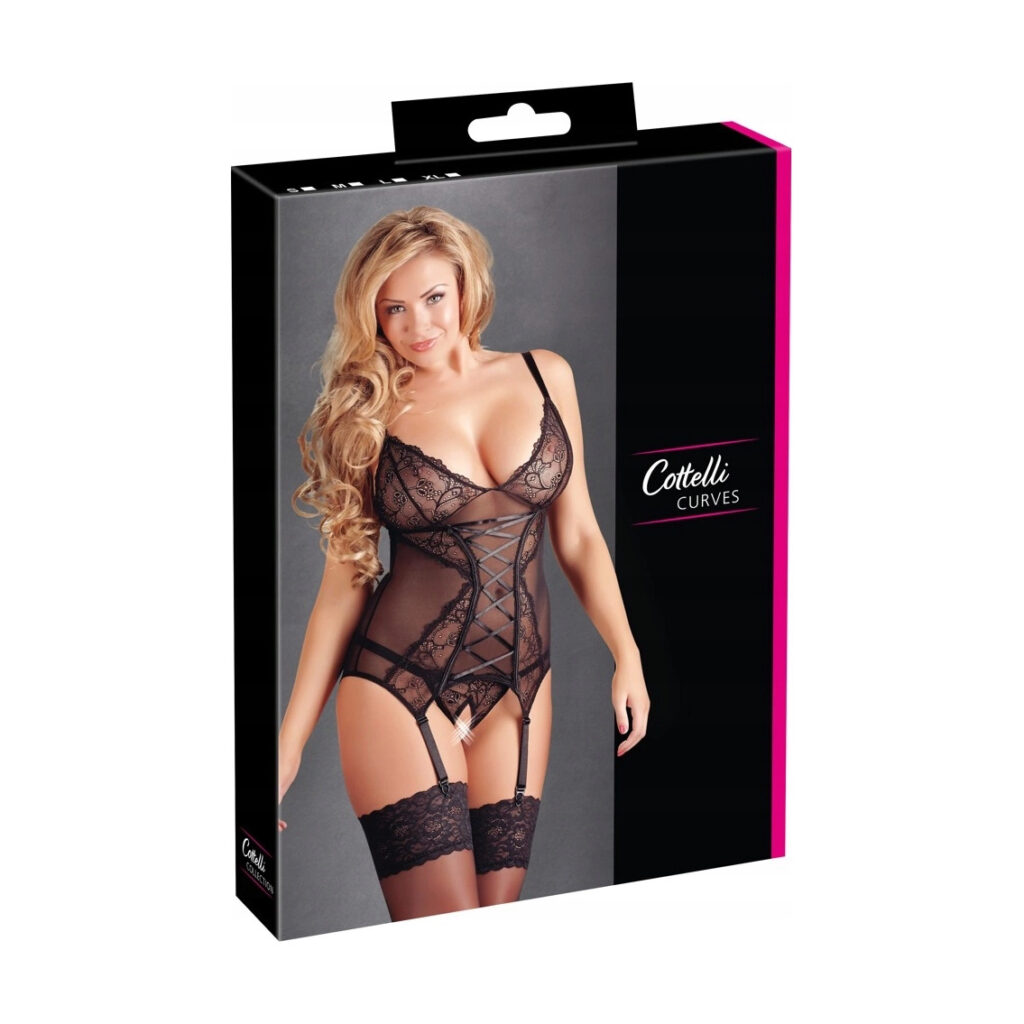 Koszulka Cottelli Curves z koronką i z wycięciem stringami 3XL czarna