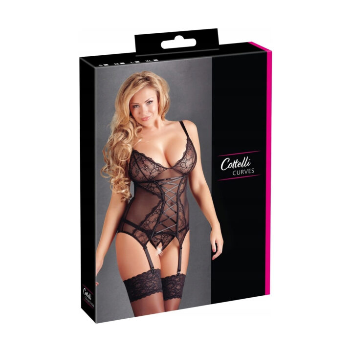 Koszulka Cottelli Curves z koronką i z wycięciem stringami 3XL czarna