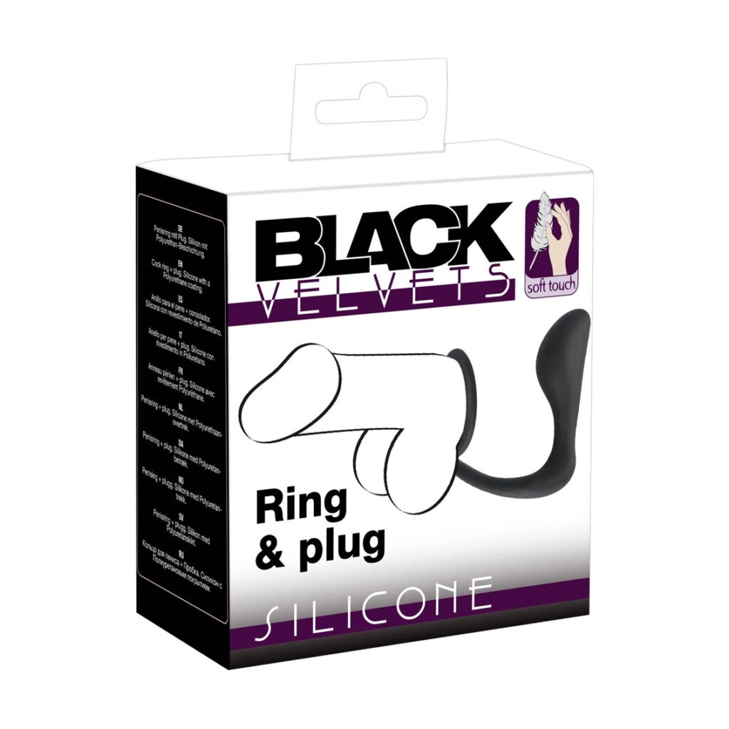 Pierścień erekcyjny Black Velvets z korkiem analnym czarny 10 cm silikonowy