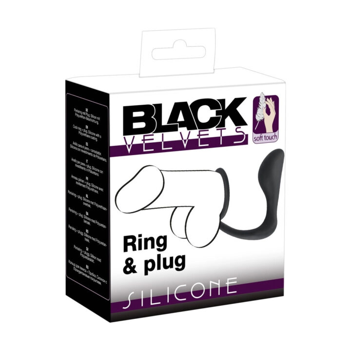 Pierścień erekcyjny Black Velvets z korkiem analnym czarny 10 cm silikonowy